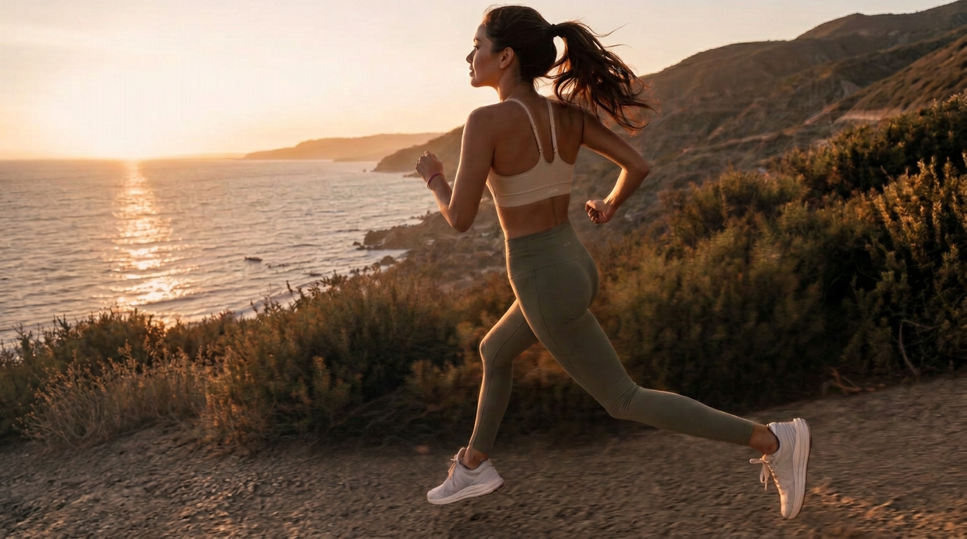 Woman running along a coastal trail at sunset in off the map activewear