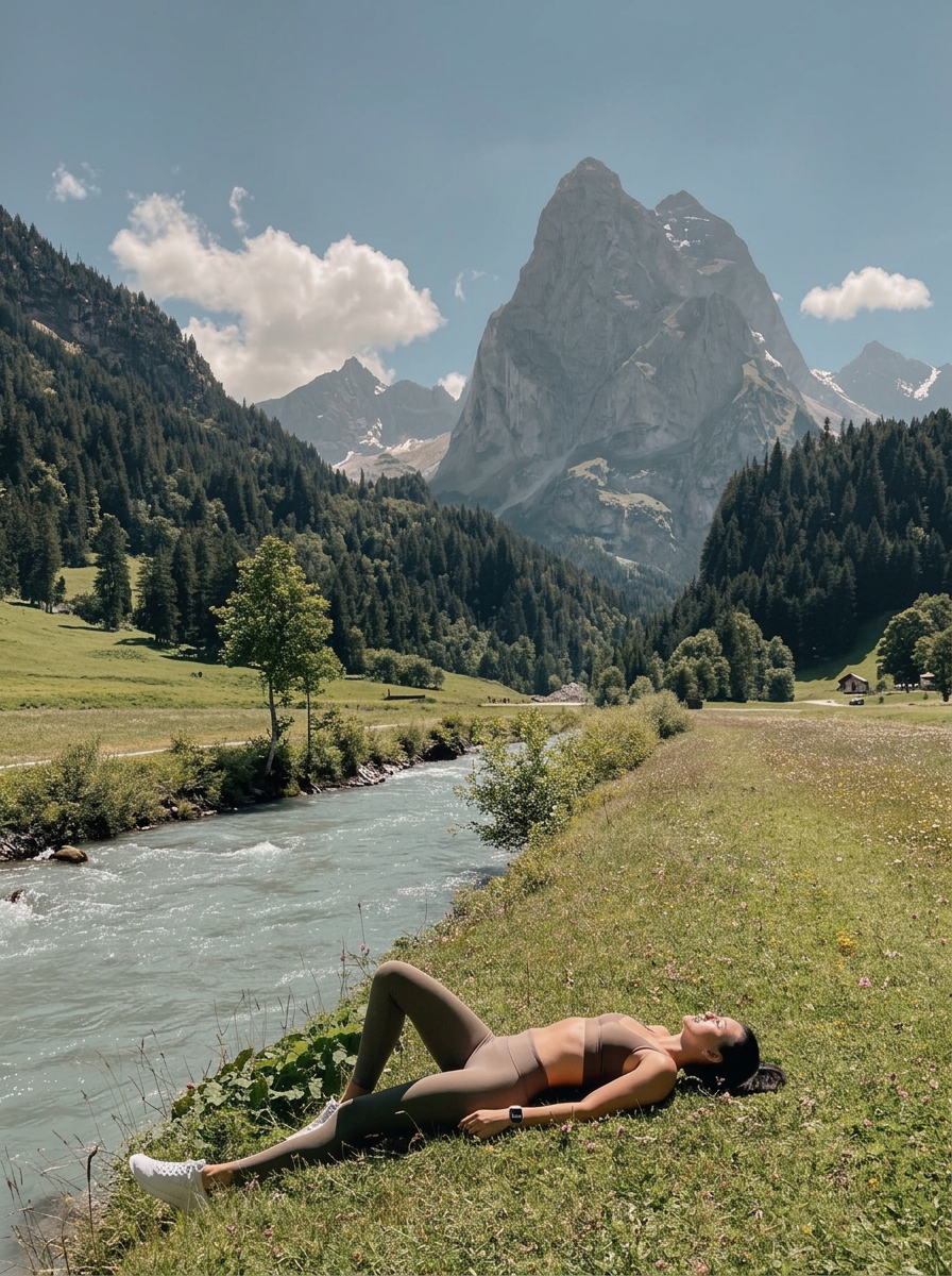 Woman in off the map activewear resting on grass by a river, mountains and open sky behind her